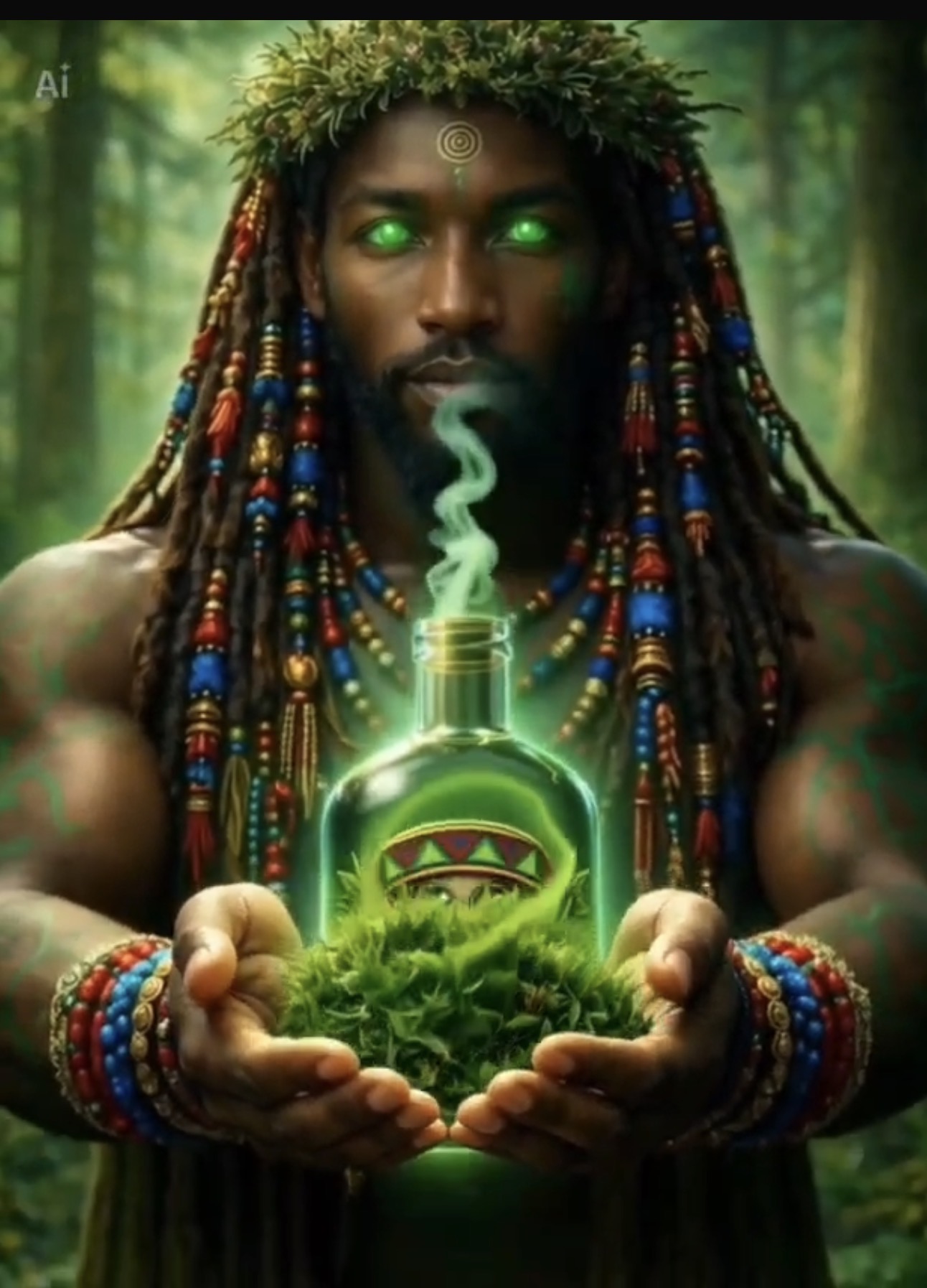 Personagem com olhos verdes apresentando uma garrafa Don Hemp em um cenário de floresta