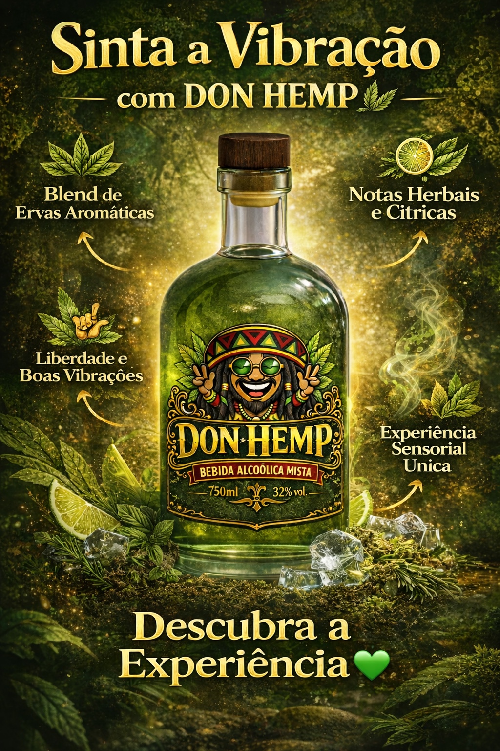 Garrafa Don Hemp em cenário de ervas com notas da experiência